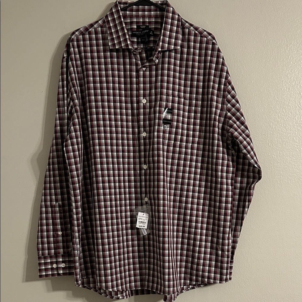 Men’s Warehouse NWT Maroon Plaid Button up Slim Fit 34/35